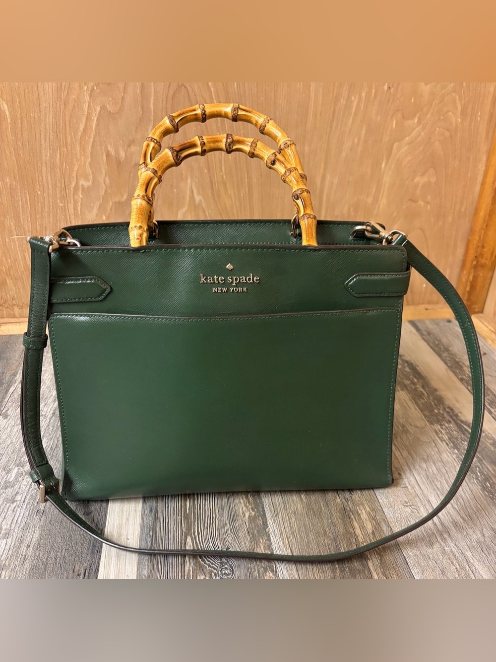 Kate Spade Custom- Hand Painted Dark Green Large Satchel w/ Bamboo Handles - Picture 9 of 9